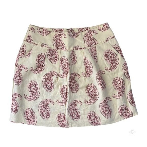 NEW Ann Tylor LOFT Linen Ivory Paisley Red Pleated Short‎ Full A-Line Skirt - Picture 1 of 8